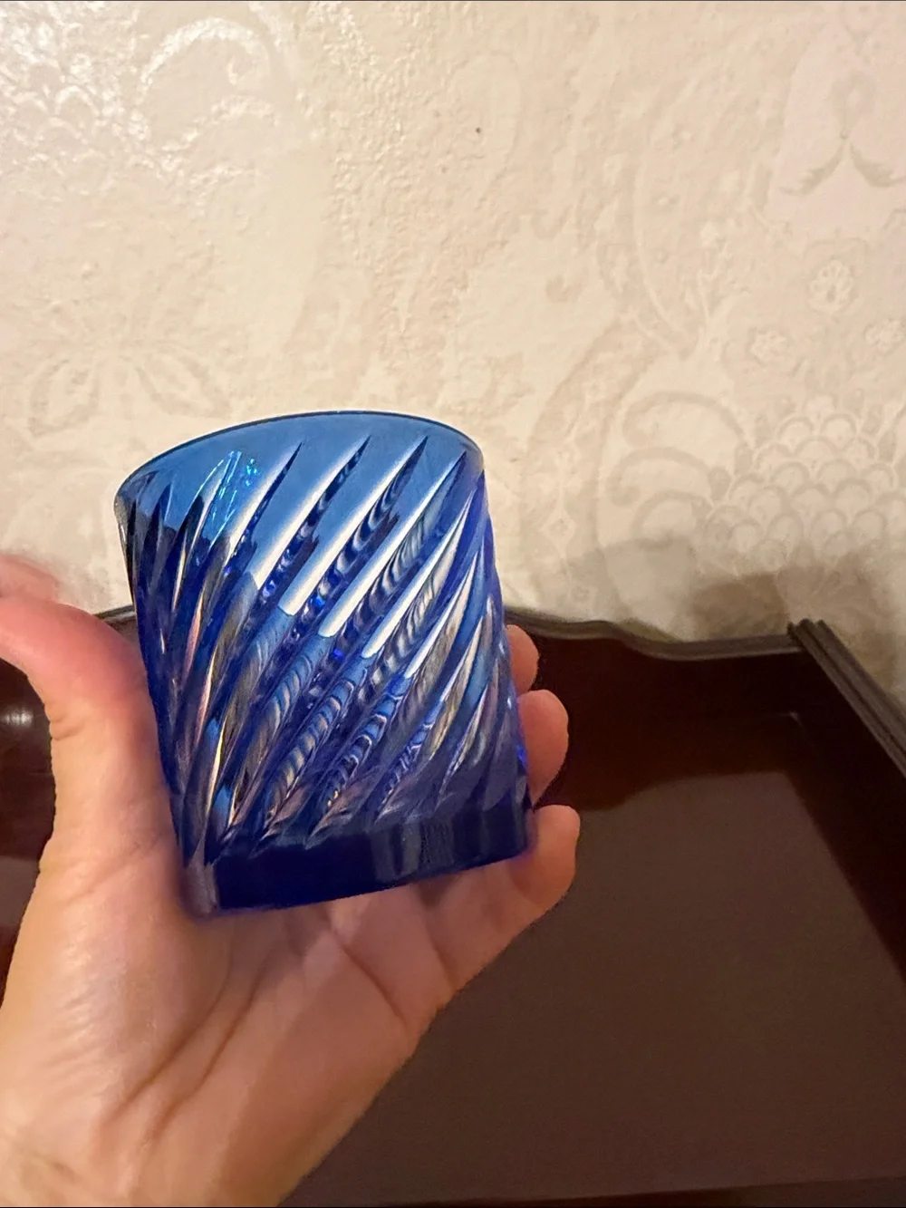 Cobalt Blue double old fashioned cut to clear Swirl glass